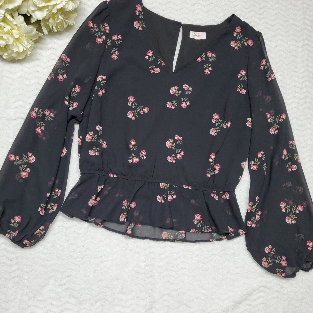 Lily LOVES blouse top BLACK SMOCKED floral Long Bishop Sleeve 12